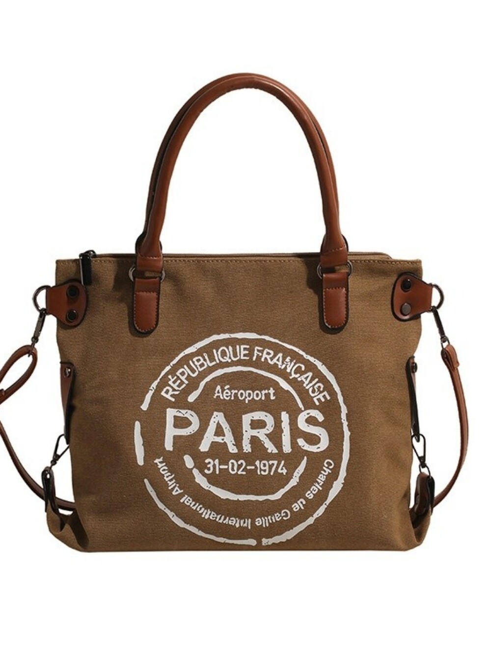 NEW Paris Airport Vintage Style Stamp Canvas Tote Crossbody with Brown Trim